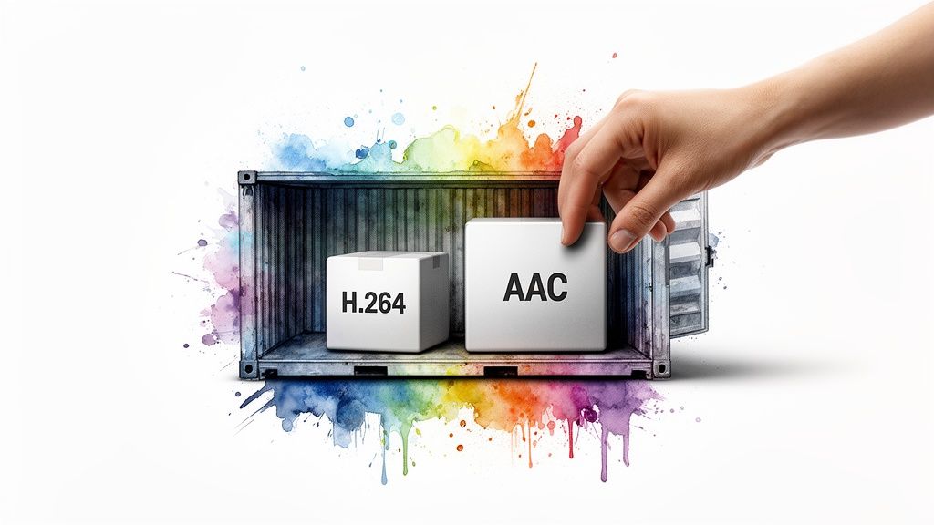 A hand places an AAC box into a shipping container next to an H.264 box, surrounded by colorful paint splatters.