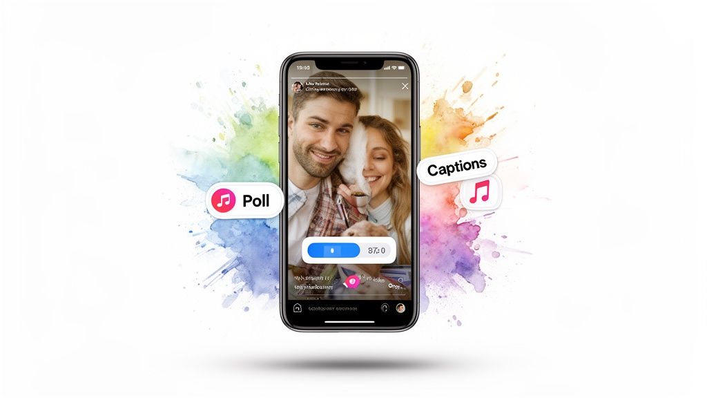 A smartphone displaying an Instagram Story with a smiling couple, highlighting 'Poll' and 'Captions' features with music notes.