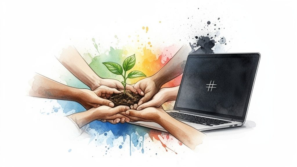Diverse hands nurture a growing plant next to a laptop with a hashtag, surrounded by colorful splashes.