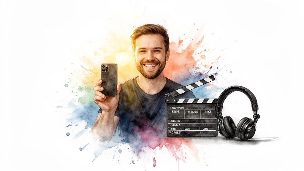 Smiling man holding smartphone, film clapboard, and headphones with vibrant watercolor splash.