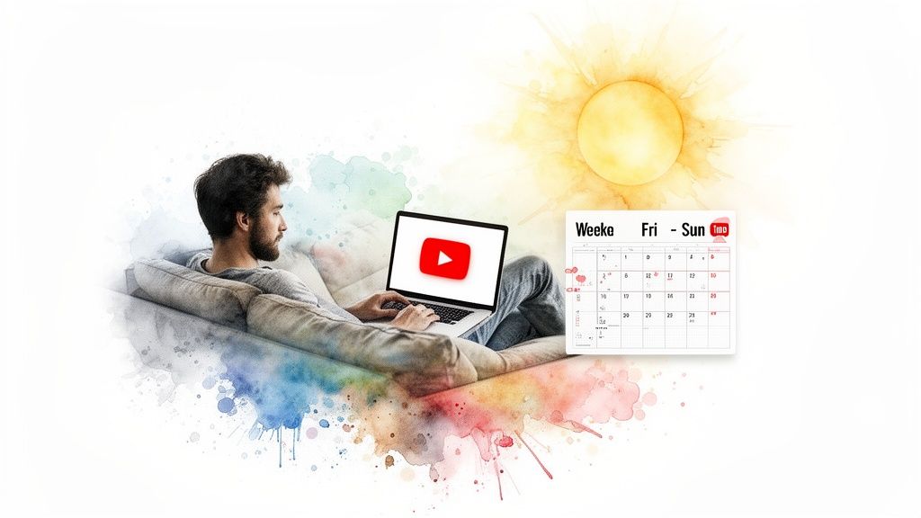 Man watching YouTube on laptop while relaxing on sofa, next to a calendar and sun.