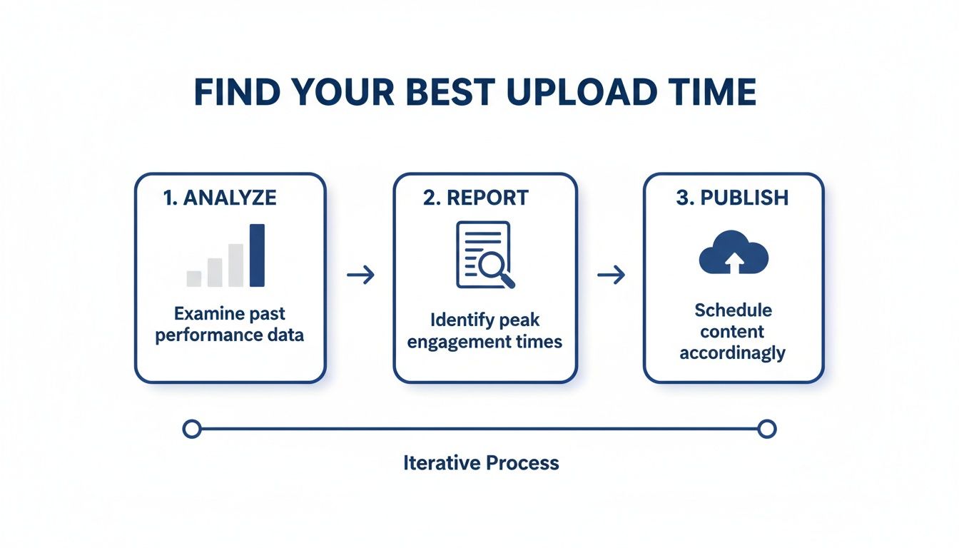 Infographic illustrating a three-step iterative process for finding the optimal content upload time.