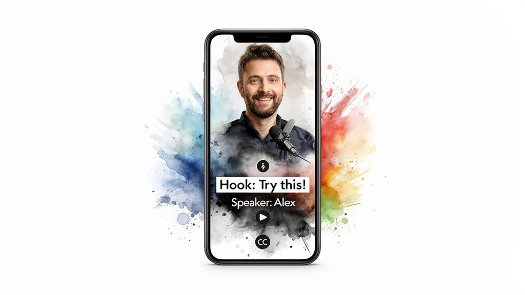 A smartphone displays a video of a smiling man, Alex, with a microphone, text 'Hook: Try this!'. Colorful watercolor background.