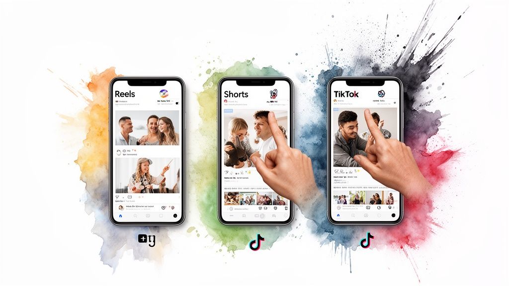 Three smartphones showcasing Instagram Reels, YouTube Shorts, and TikTok with hands interacting and colorful splashes.