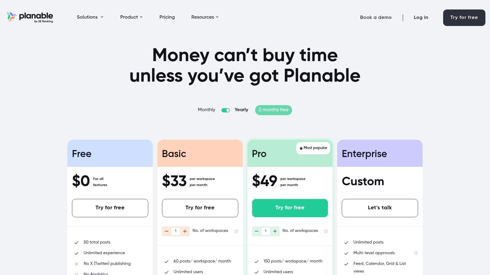 Planable pricing tiers showing a free plan alongside Basic, Pro, and custom Enterprise options with features and post limits
