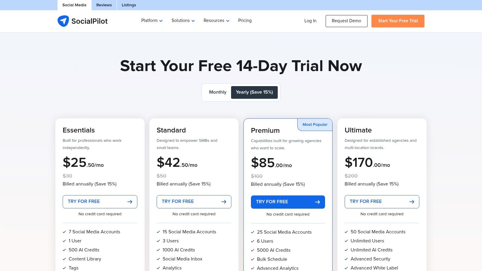 SocialPilot pricing plans showing Professional, Small Team, Agency, and White Label tiers with features like user count and social media accounts