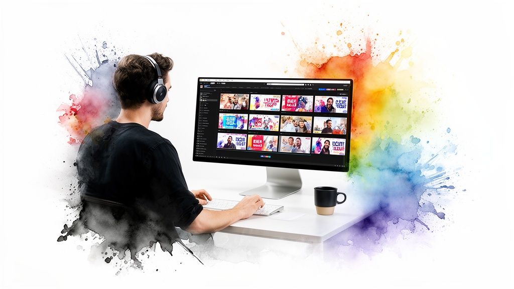 A person with headphones watches online videos on a monitor, surrounded by vibrant watercolor splashes, suggesting creativity.