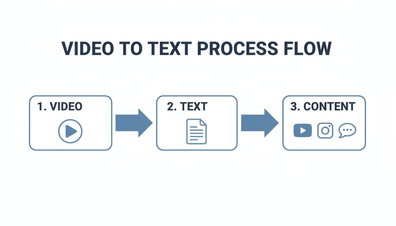 A process flow diagram showing video converting to text, then utilized for YouTube, Instagram, and chat content.