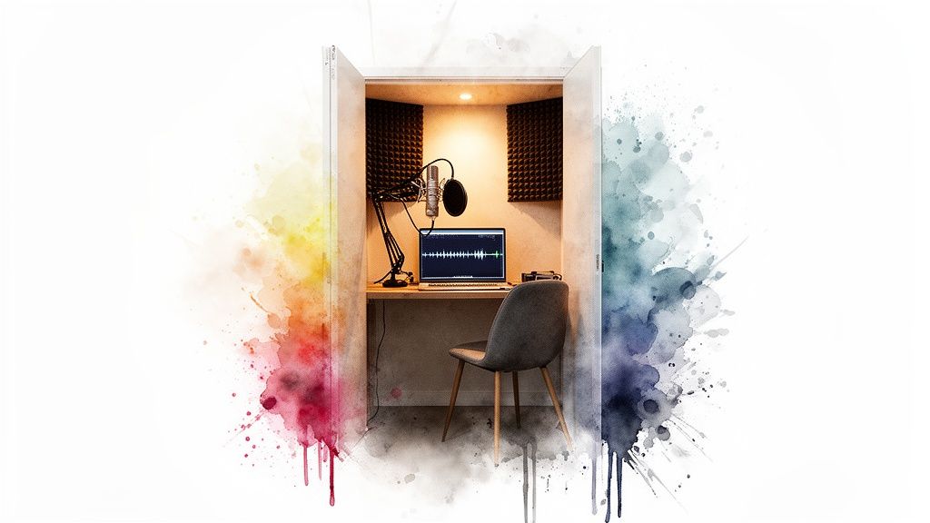 A home recording studio setup in a closet with a microphone, laptop, and chair, surrounded by colorful watercolor splashes.