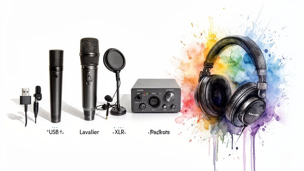 A range of podcast recording tools: USB, lavalier, and XLR microphones, an audio interface, and headphones.