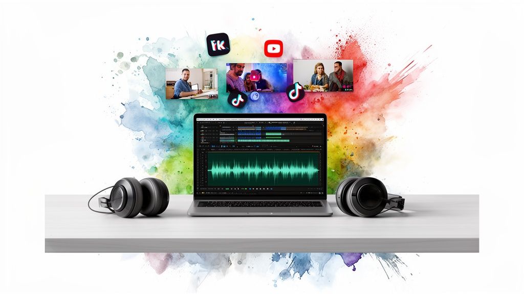 A laptop showing video editing software, flanked by headphones, with social media logos and video clips floating above colorful splashes.