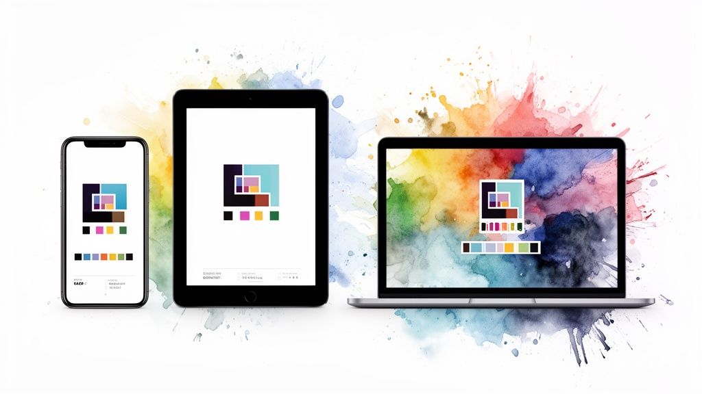 A smartphone, tablet, and laptop display a colorful logo and diverse color palettes on a watercolor background.