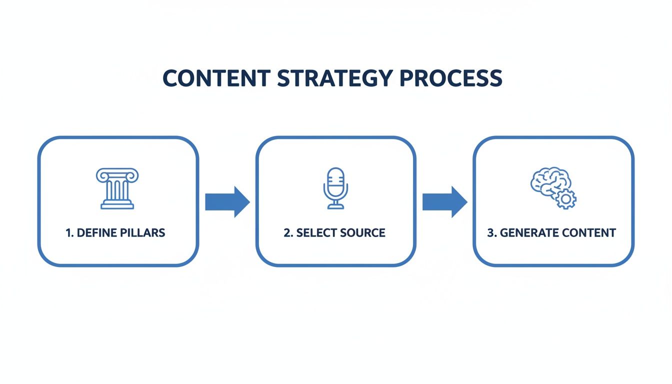 Flowchart showing the content strategy process: Define Pillars, Select Source, and Generate Content.