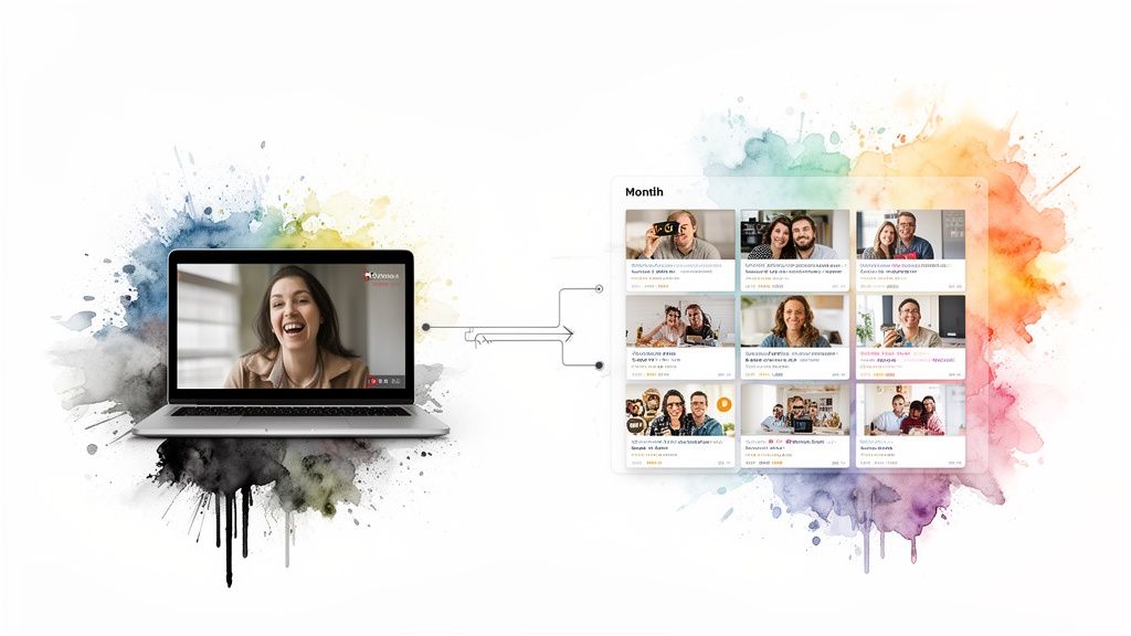 A laptop displaying a video call connecting to a grid of diverse social media content.