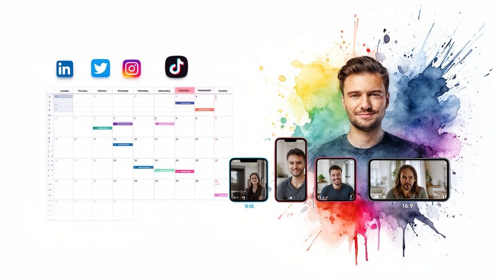 AI content creation for social media, showing scheduling calendar and diverse video call formats.