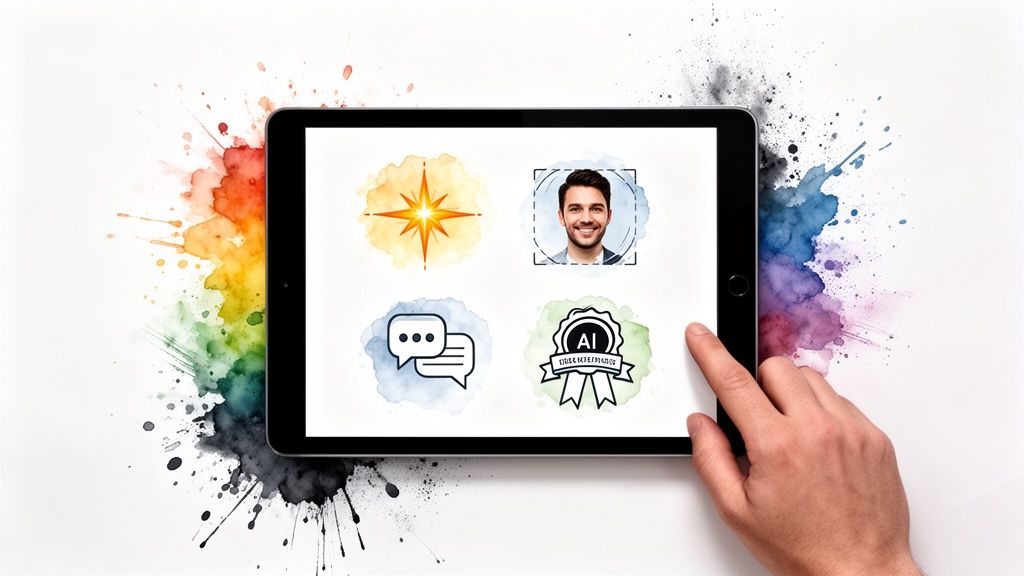 A hand touching a tablet displaying AI, profile, chat, and star icons with watercolor splashes.