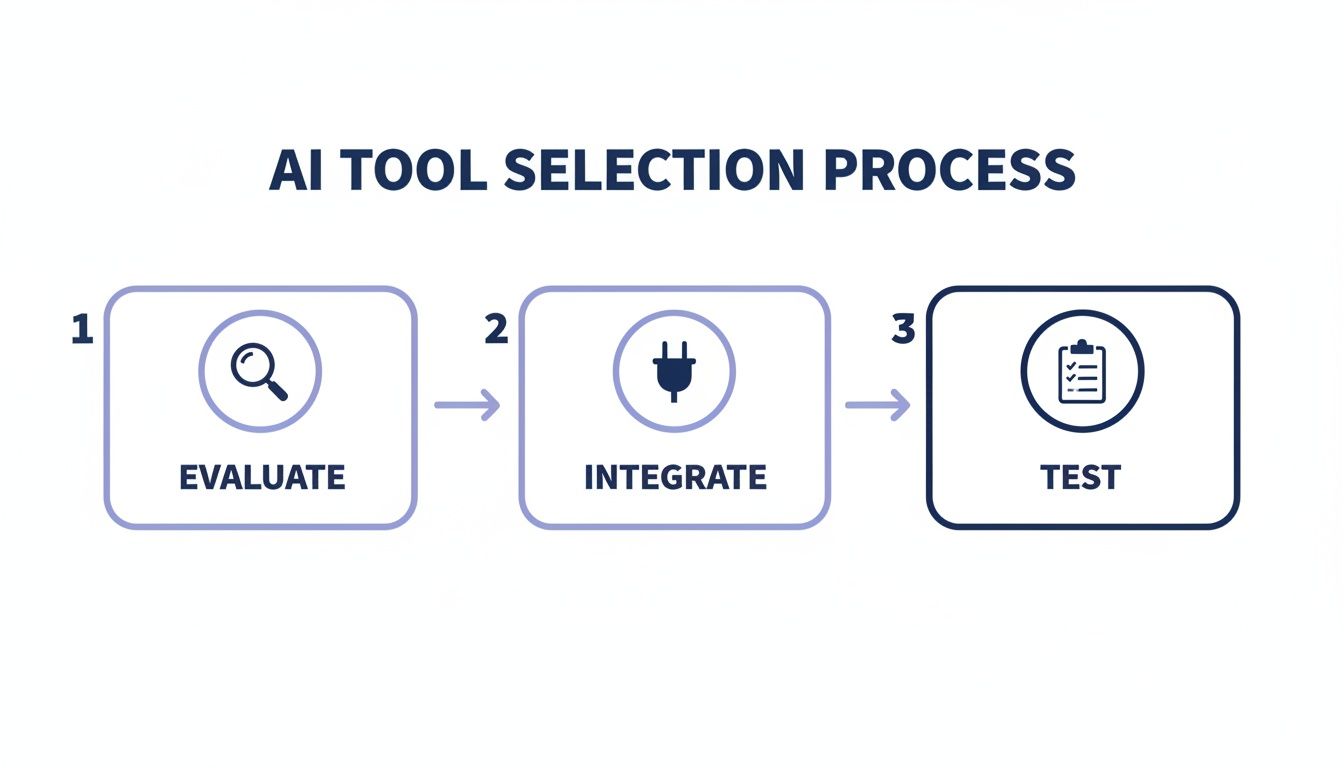 Flowchart depicting the three-step AI tool selection process: Evaluate, Integrate, and Test.