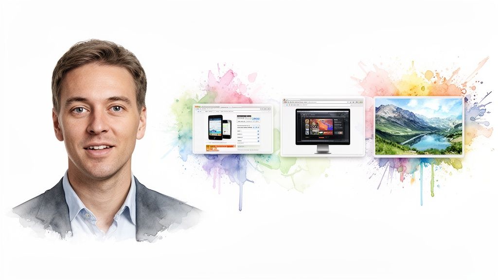 Portrait of a man with screens displaying mobile app, software, and a mountain landscape, all with watercolor effects.