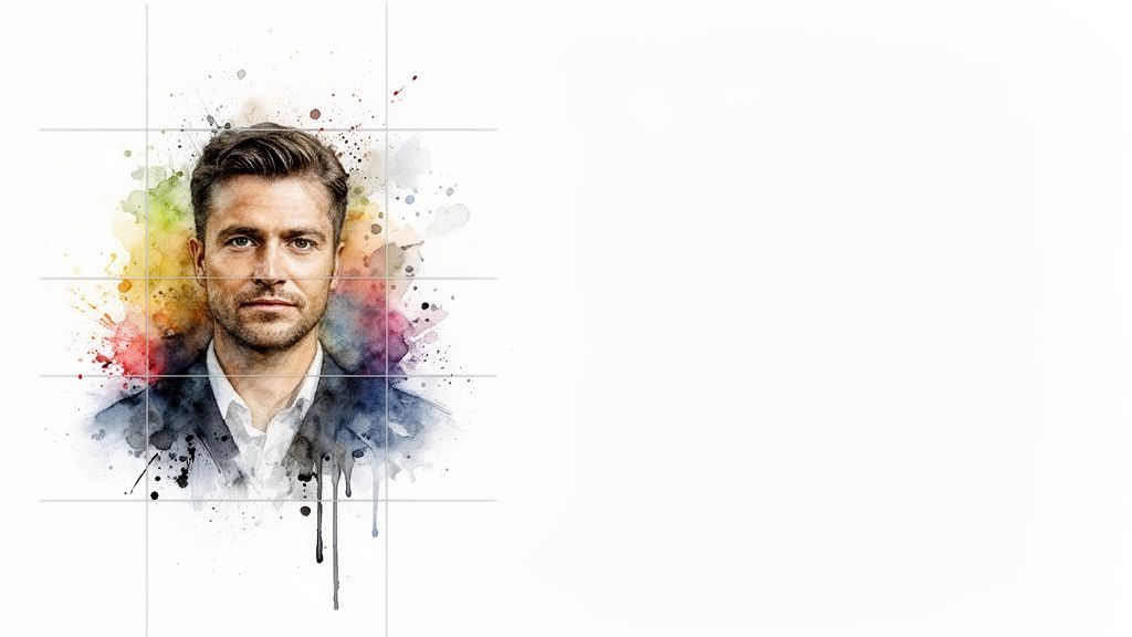 Watercolor portrait of a man with colorful splatters and drips, suitable for creative profiles.