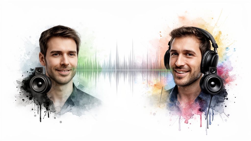 Two smiling men with audio speakers, headphones, and sound waves, representing audio interaction.
