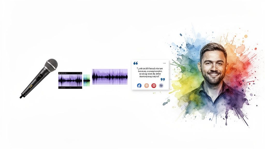 A visual representation of podcasting: microphone, audio waves, social media sharing, and a smiling man.