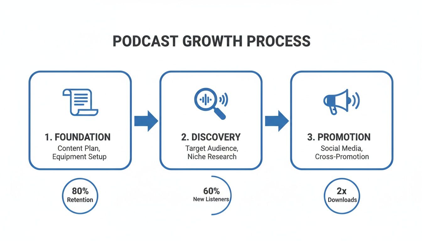 A three-step podcast growth process flow chart, detailing Foundation, Discovery, and Promotion with associated metrics.