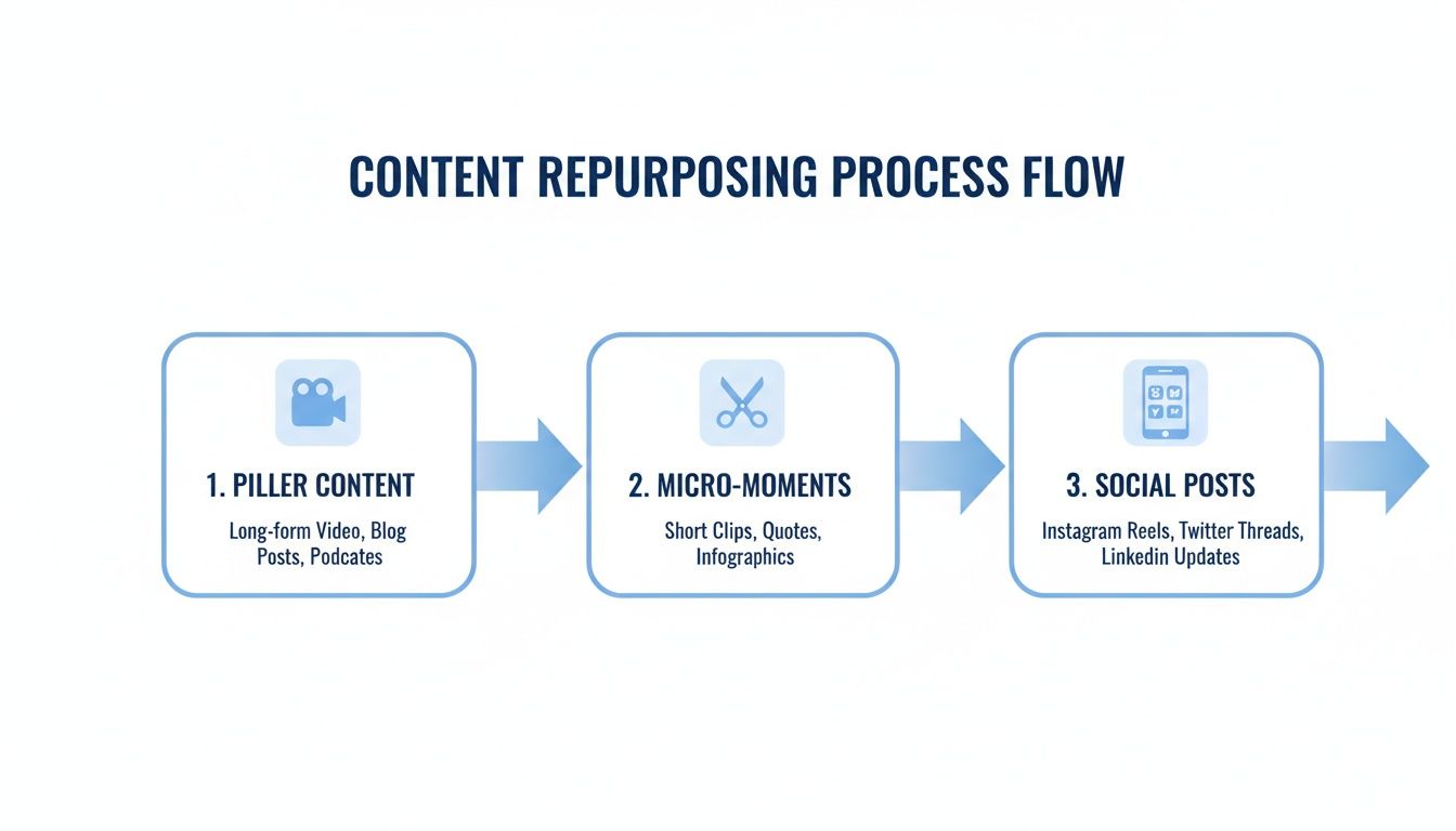 Flowchart detailing the content repurposing process from pillar content to micro-moments and social posts.