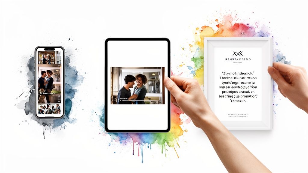 Digital screens and a framed quote surrounded by colorful watercolor splashes, showcasing content display.