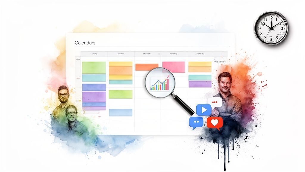 A creative image of a calendar with analytics, people, social media icons, and a clock, symbolizing content planning and strategy.