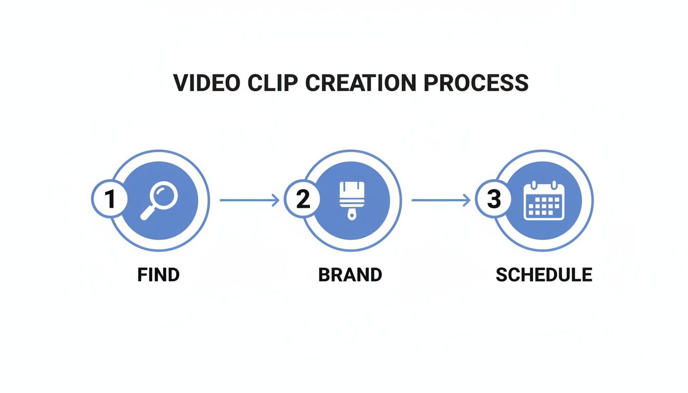Infographic showing a 3-step video clip creation process: Find, Brand, and Schedule.