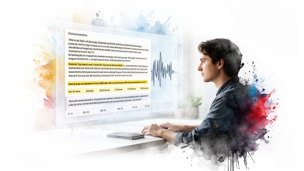 A man focused on a holographic screen showing text and an audio waveform, symbolizing digital content creation.