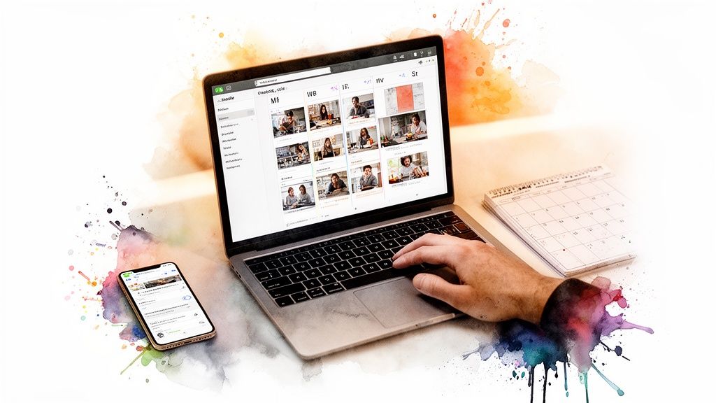 A person's hand typing on a laptop displaying photo grids, with a smartphone and calendar nearby.