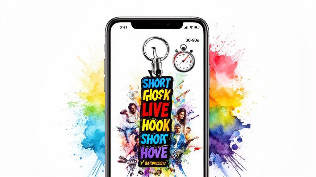 A smartphone displays a colorful music app design with text "SHORT FHOSK LIVE", people, instruments, and a stopwatch indicating 30-90 seconds, surrounded by vibrant paint splashes.