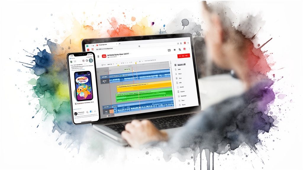 Person editing a video on a laptop with a phone showing social media, surrounded by colorful ink splashes.