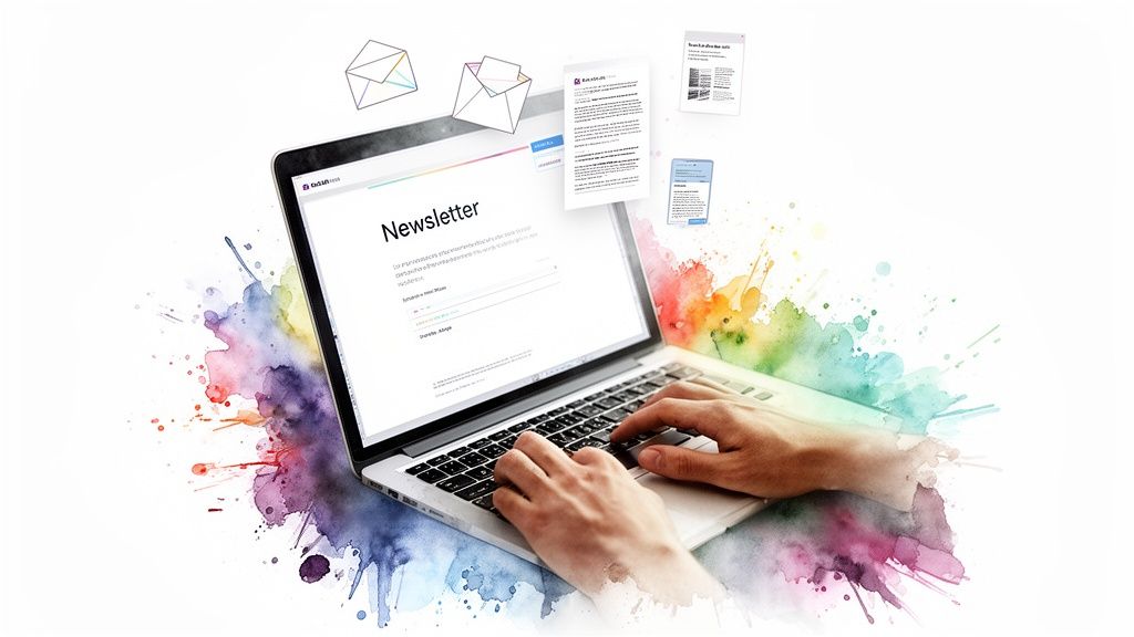 A person's hands typing on a laptop displaying a newsletter, surrounded by digital documents and watercolor art.