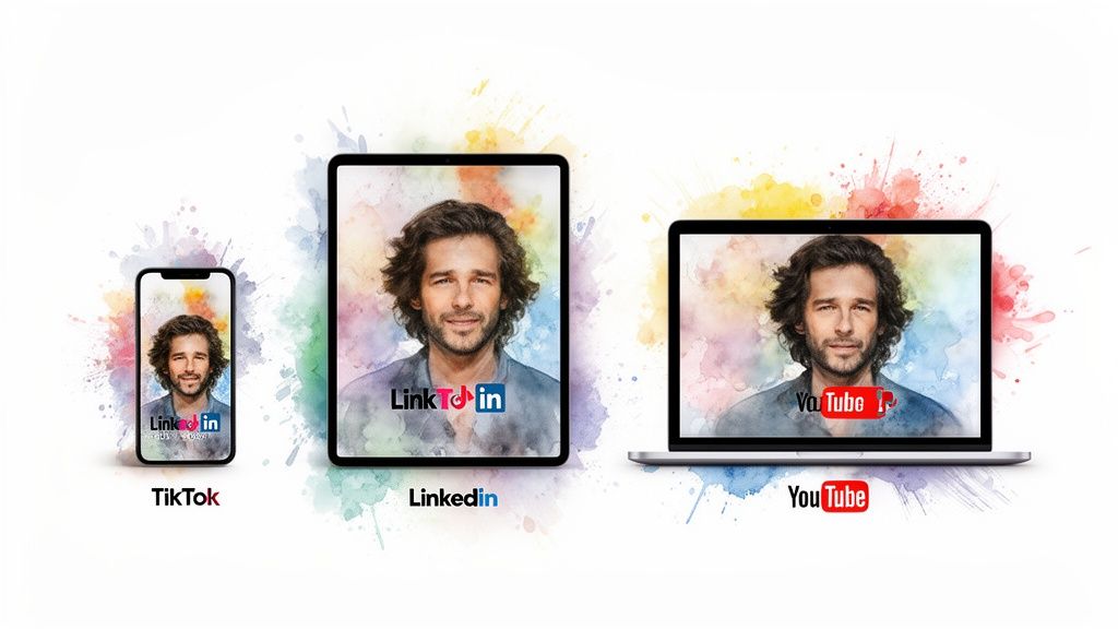 Man's portrait on phone, tablet, laptop with TikTok, LinkedIn, YouTube logos and watercolor background.