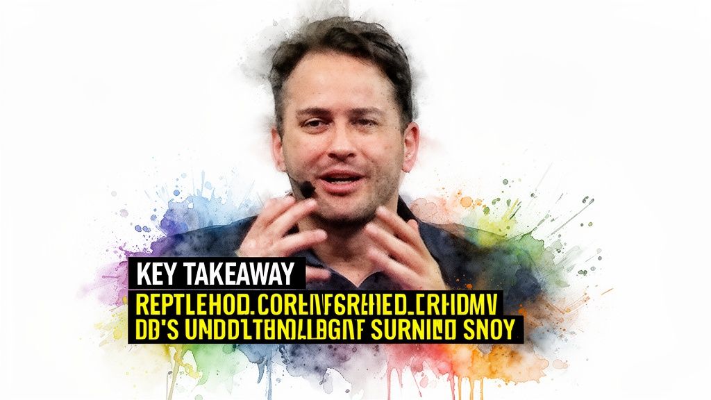 A man speaks, gesturing with his hands, against a white background with colorful watercolor splashes and a 'KEY TAKEAWAY' text box.