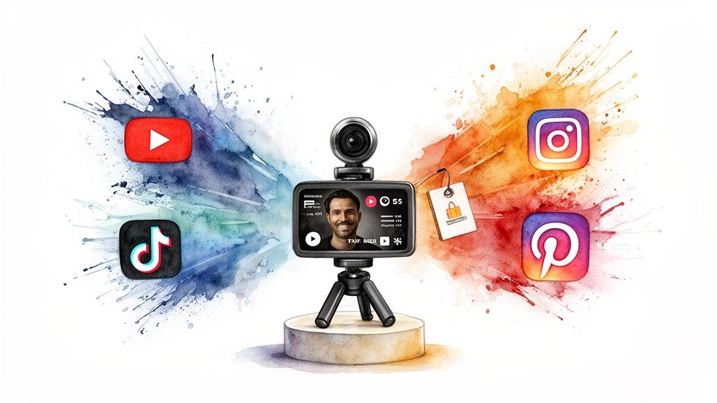 A webcam and smartphone broadcasting to YouTube, TikTok, Instagram, and Pinterest, illustrating multi-channel live streaming.