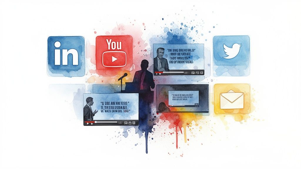 Watercolor image of social media icons and videos, depicting a multi-channel marketing presentation.