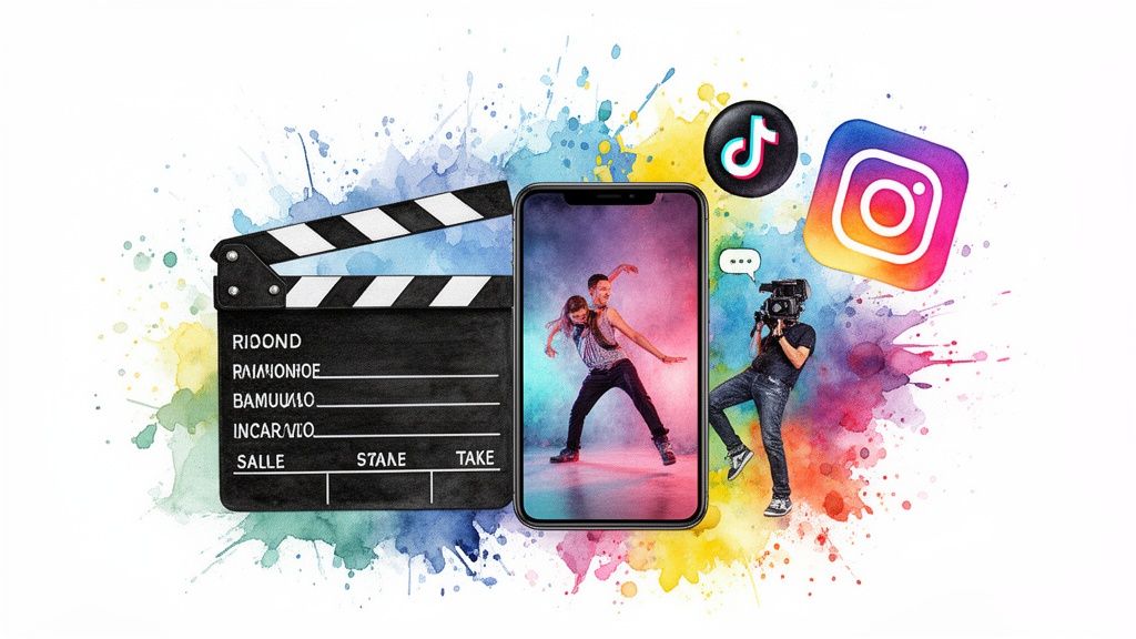 A vibrant illustration of video production, social media, and digital content creation for marketing campaigns.