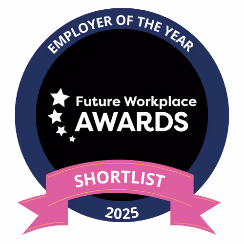 Future Workplace Awards 2025 badge with 'Employer of the Year' and 'Shortlist' ribbon.