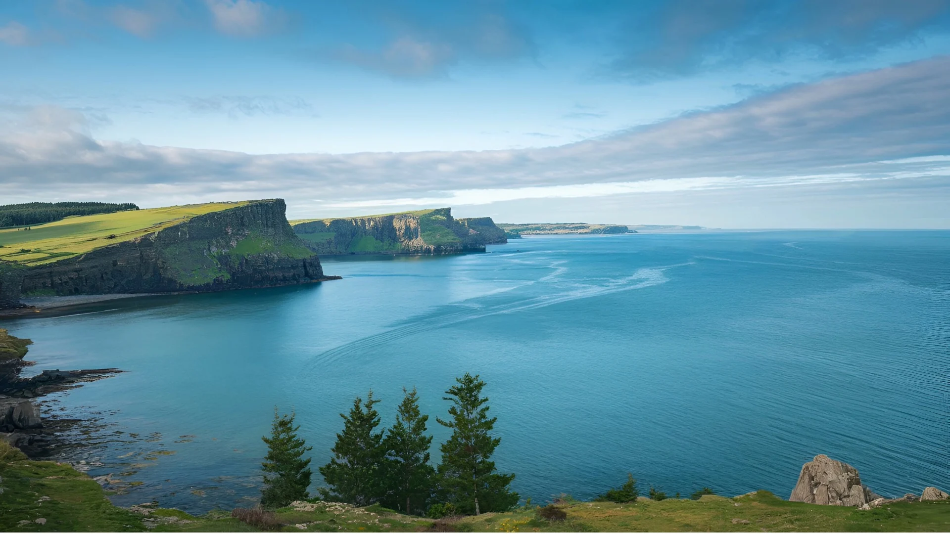 Grassy cliffs rising above the Atlantic Ocean, with sweeping headlands and calm seas — evoking the dramatic coastal scenery of Ireland’s western shore, such as the Cliffs of Moher in County Clare.