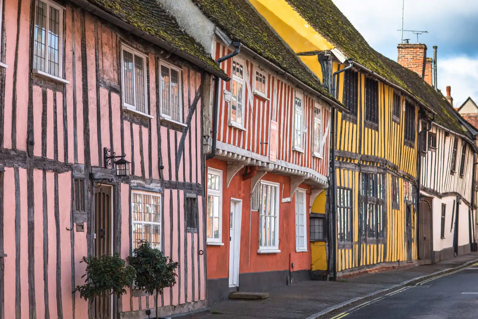 Half-timbered medieval cottages, Water Street, Lavenham, Suffolk, England, United Kingdom.
