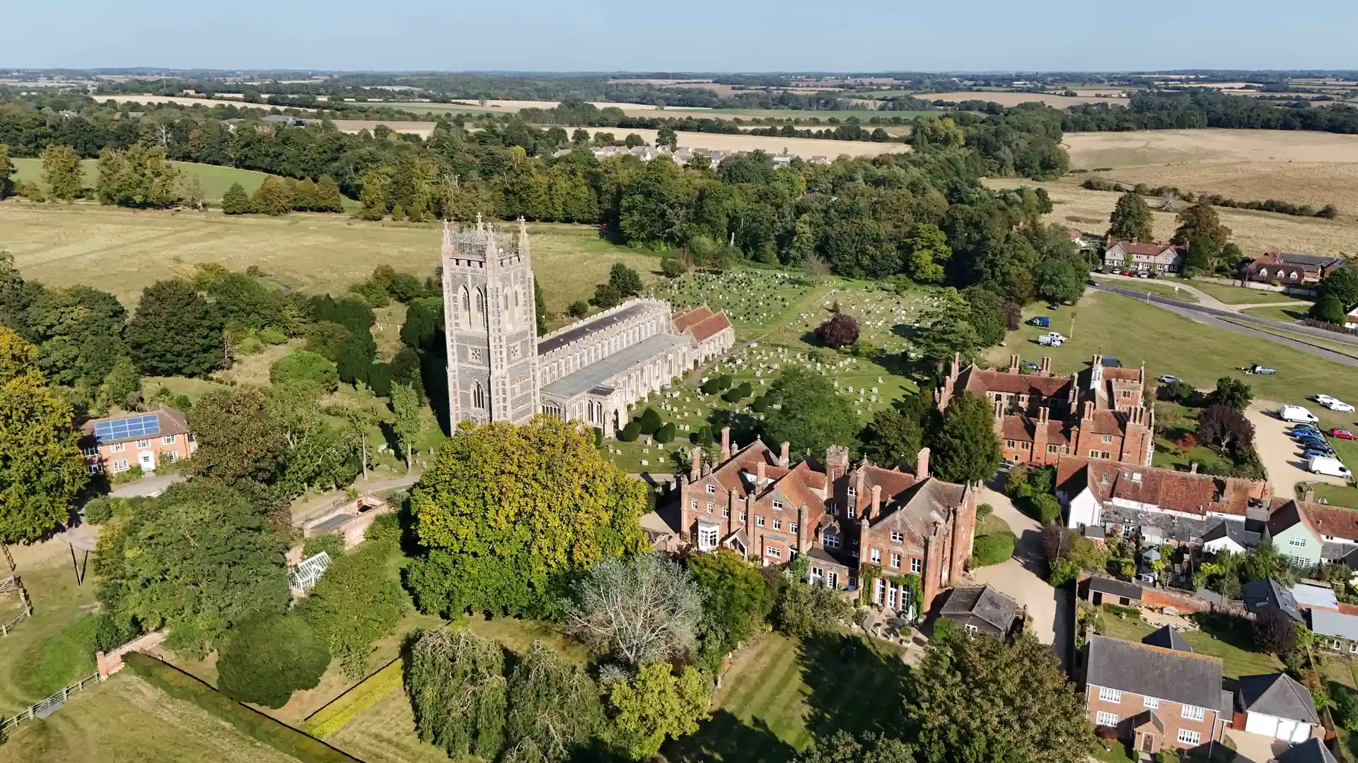 Ariel view of Holy Trinity Church, Long Melford Suffolk UK