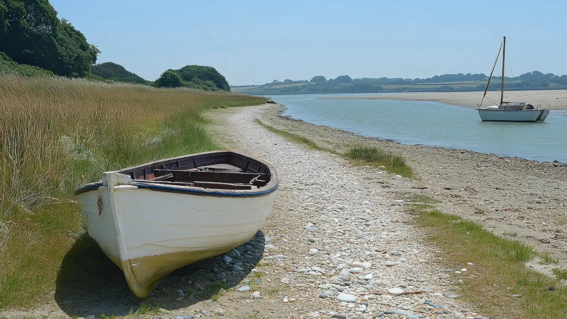 A scenic view of Mersea Island, England, serene and natural, coastal setting.