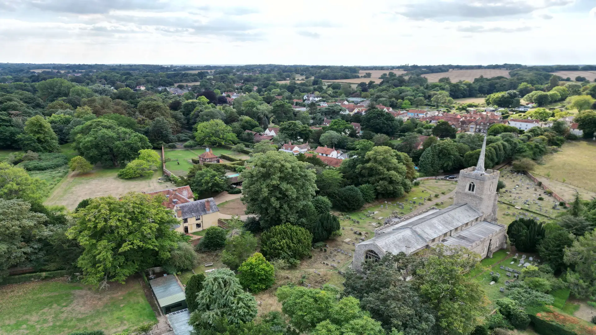 An Aerial view of St Andrews Church Much Hadham English Village Hertfordshire.