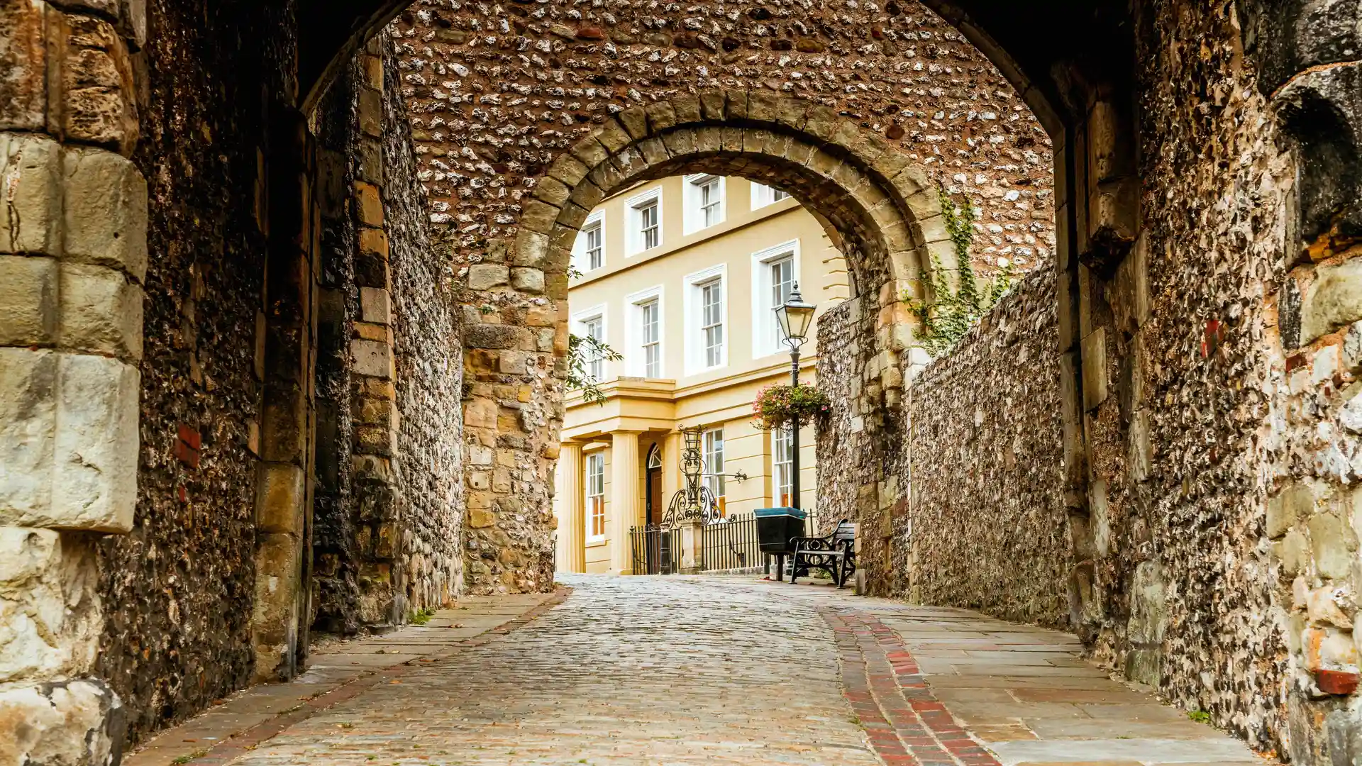 The entrance and walkway outside of the Lewes Castle & Gardens, East Sussex county town. The old vintage historical for visitor, traveler.