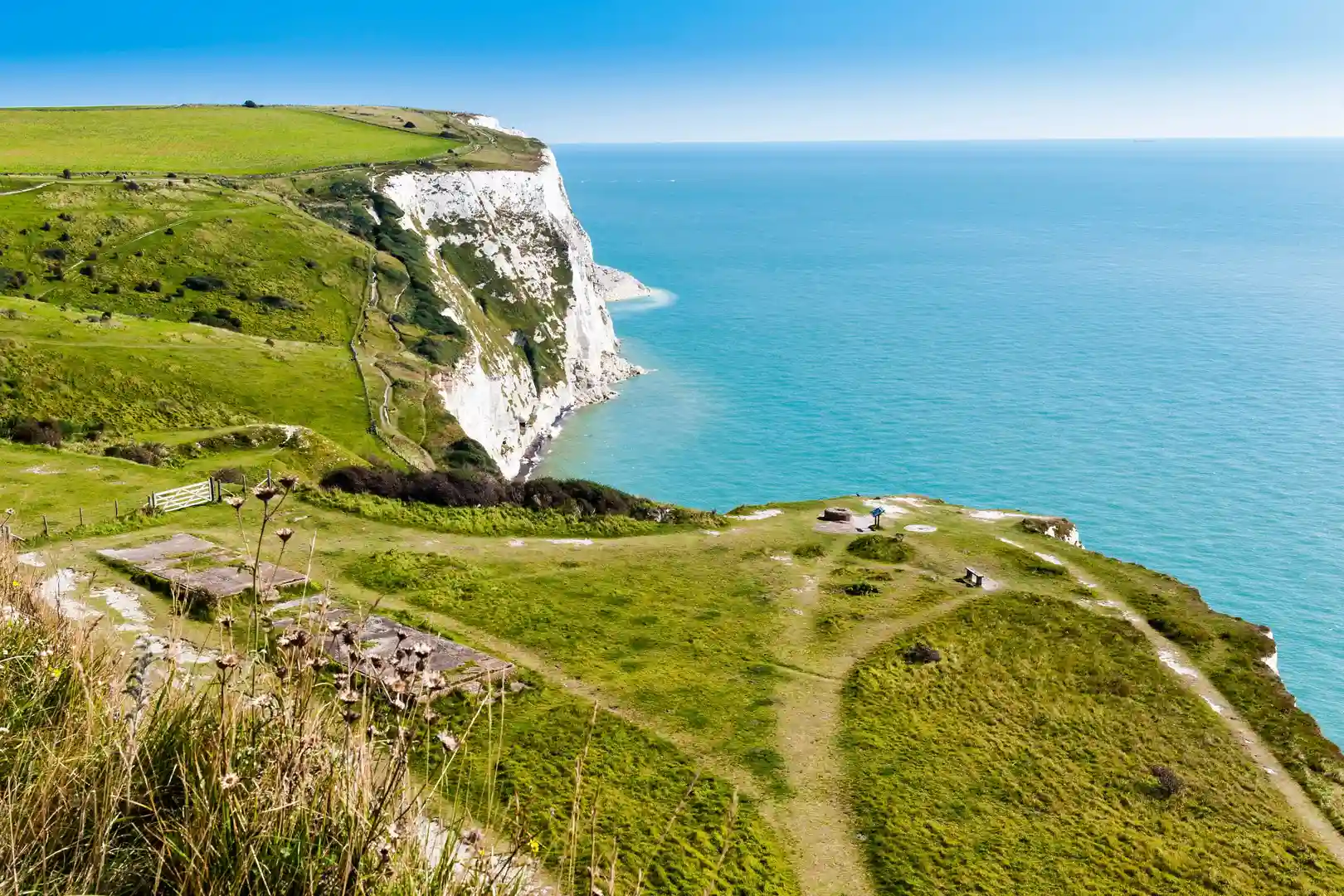 Walking trails along the White Cliffs of Dover, part of the England Coast Path in Kent, with dramatic chalk cliffs overlooking the English Channel.