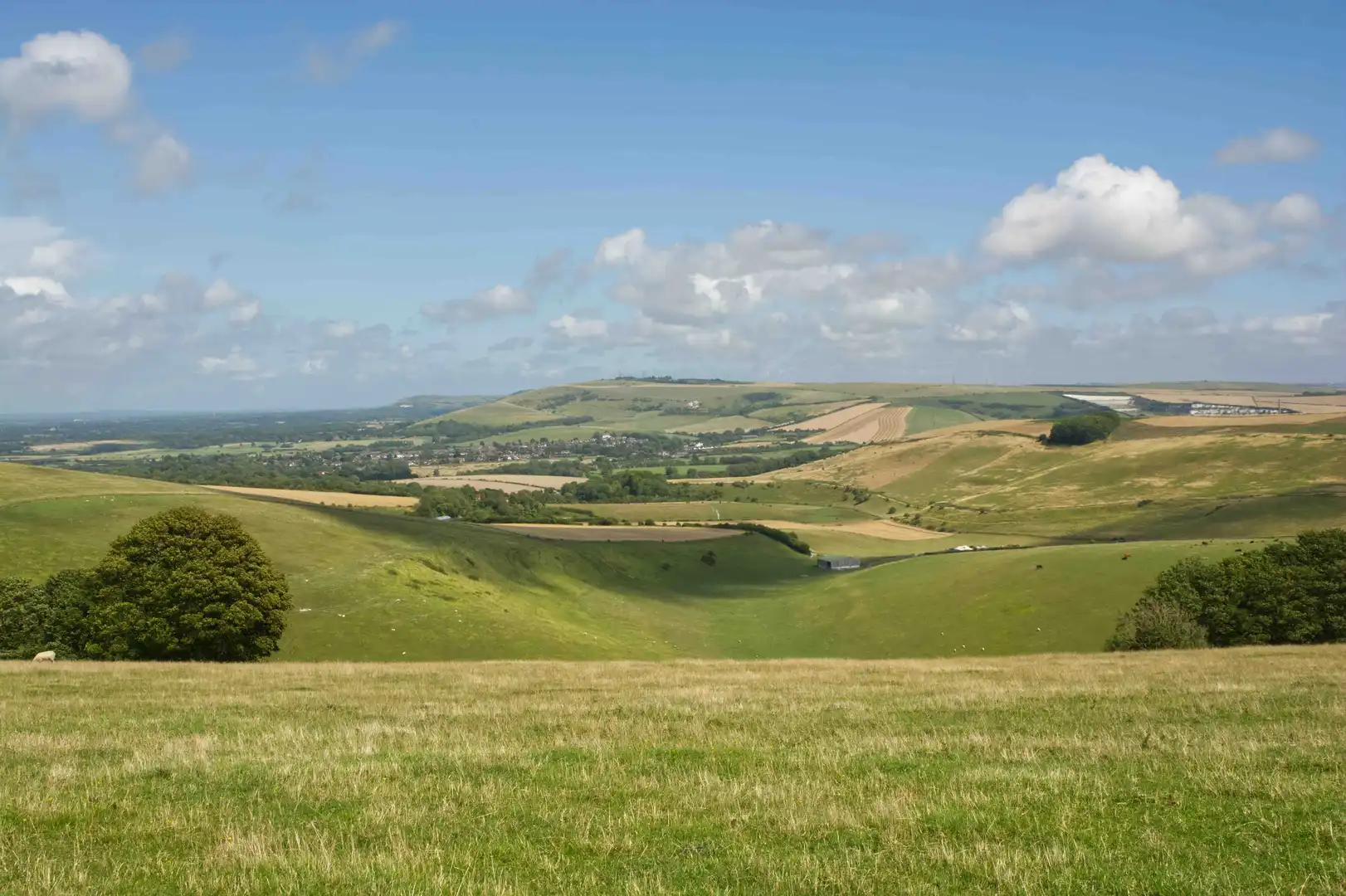 Rolling chalk hills and farmland near Steyning in the South Downs National Park, West Sussex, England.