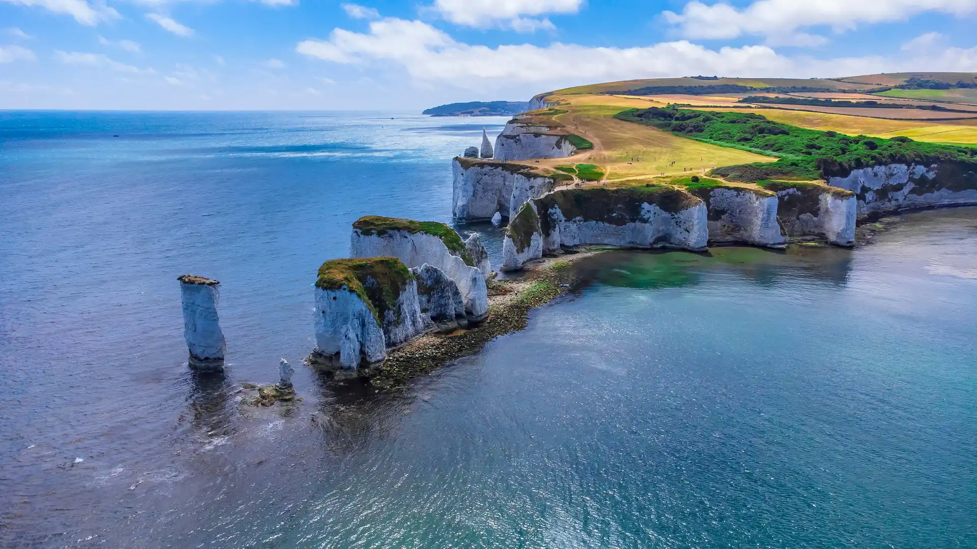 Old Harry Rocks chalk sea stacks on the Jurassic Coast World Heritage Site in Dorset, England, viewed from the South West Coast Path.